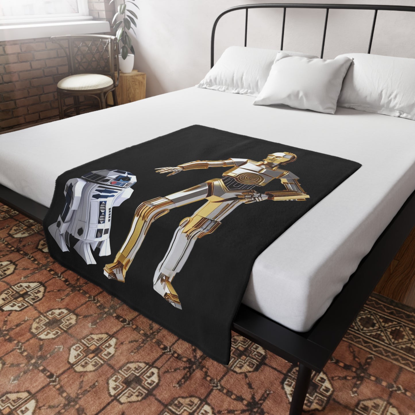 Origami R2D2 & C3PO Plush Fleece Blanket - Black