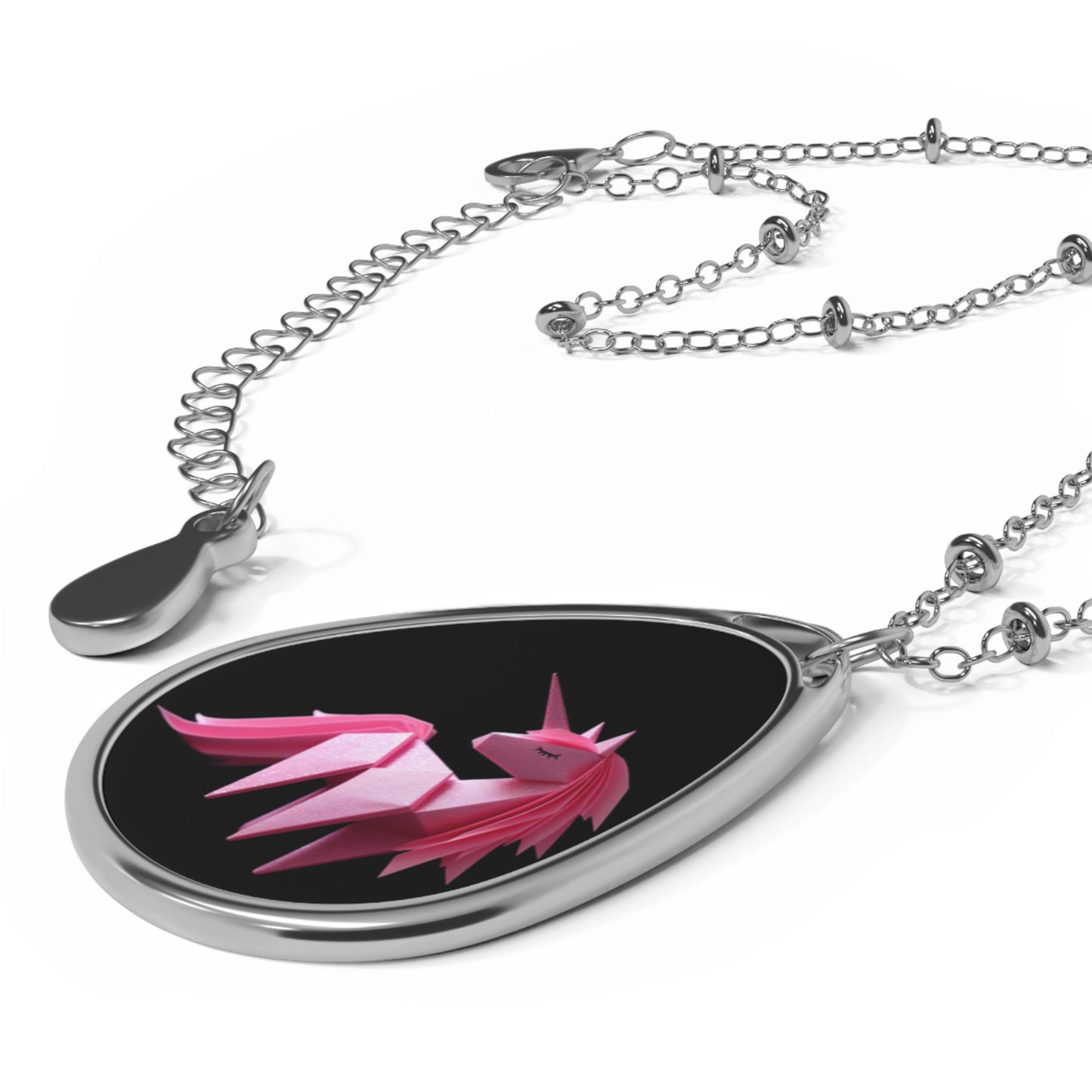 Origami Pink Unicorn Oval Necklace