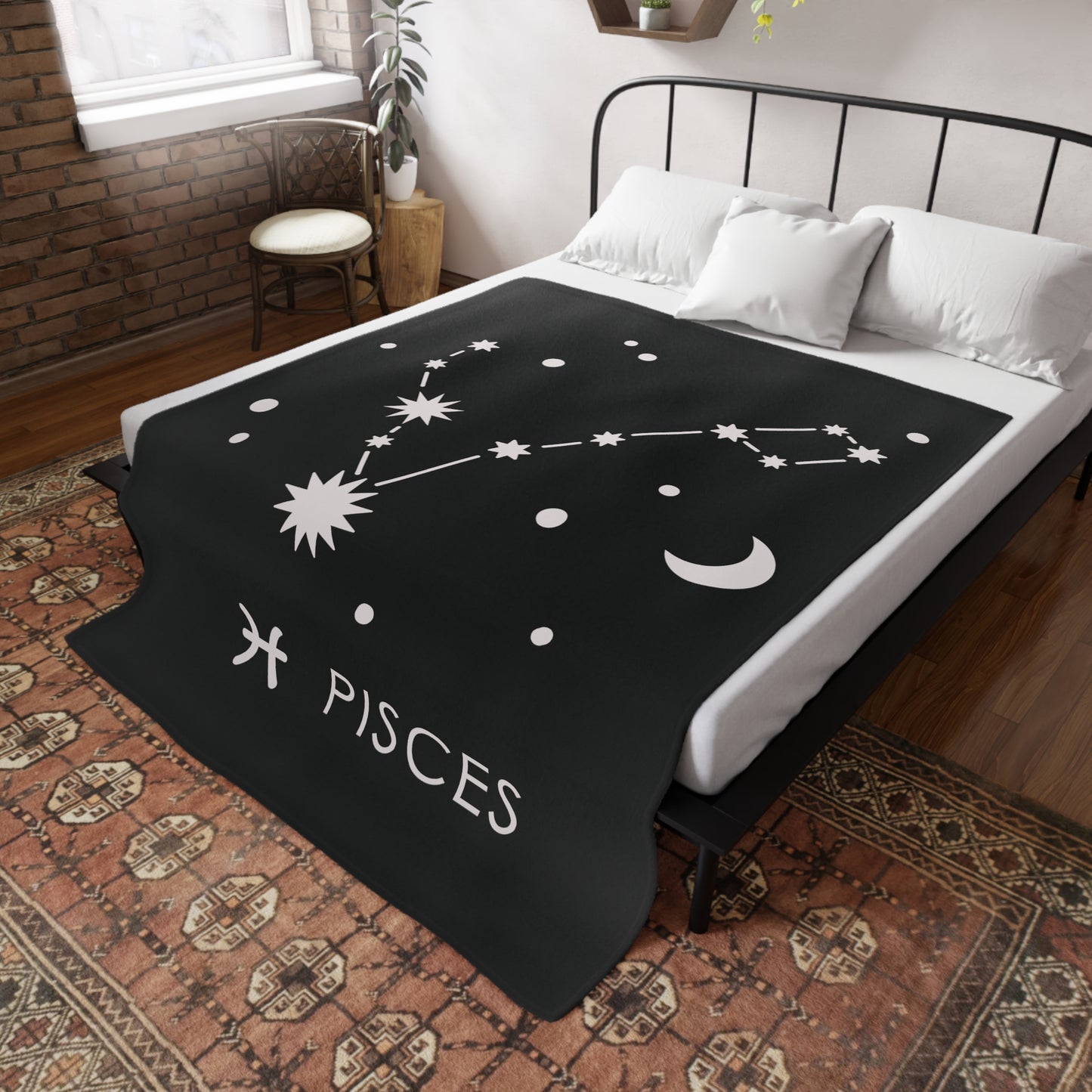 Pisces Star Map Plush Fleece Blanket - black