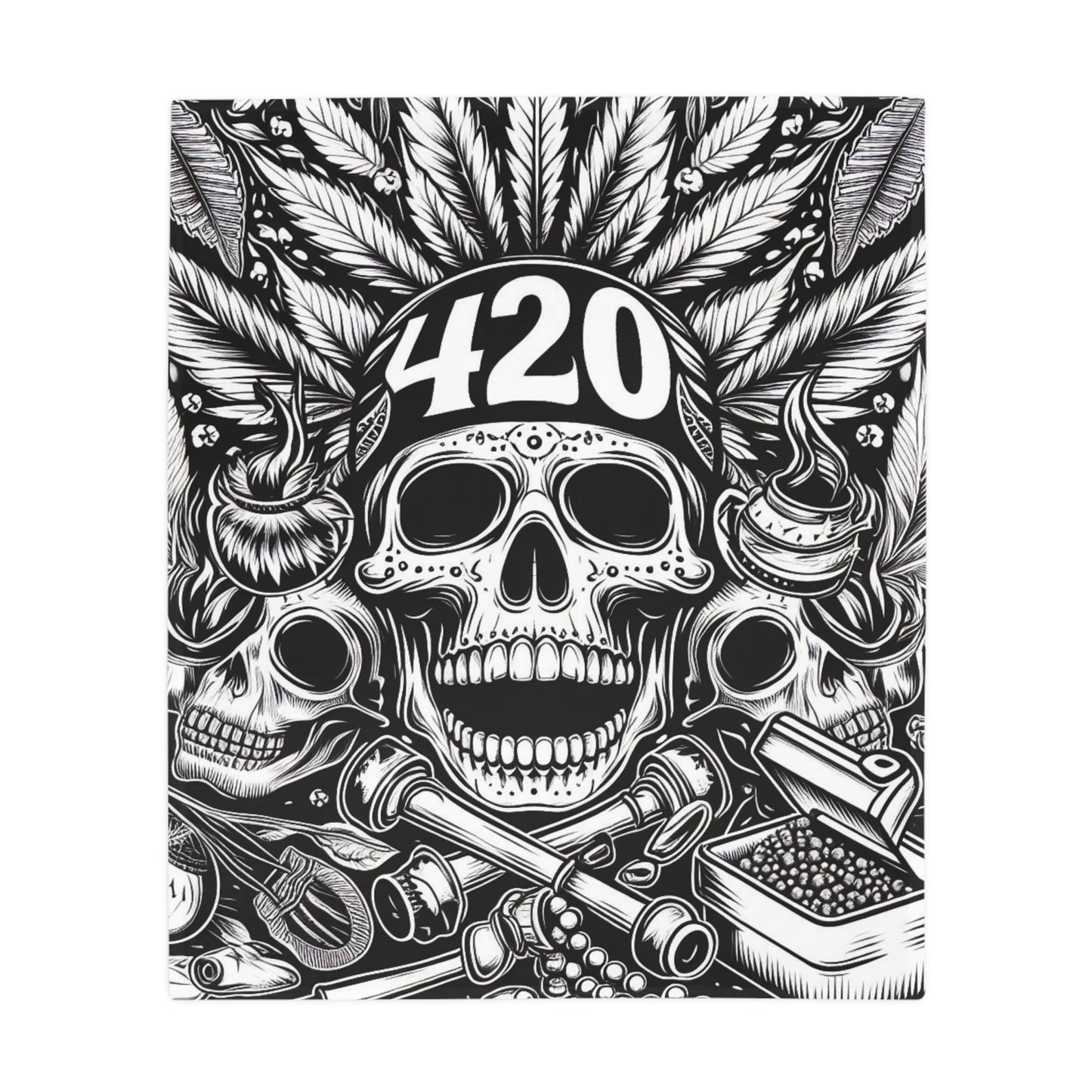 420 Skull & Pipe Plush Fleece Blanket - Black & White