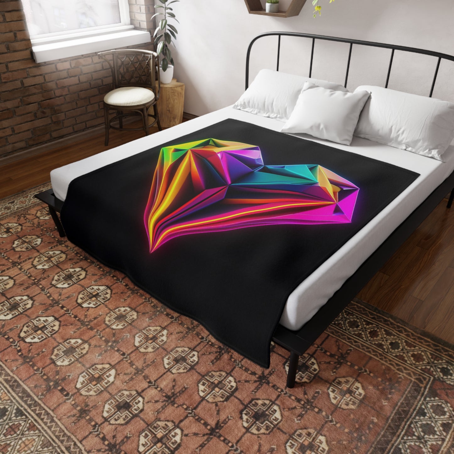 Origami Neon Heart Plush Fleece Blanket - Black