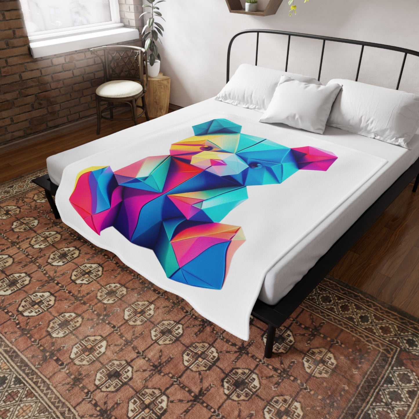 Origami Neon Teddy Plush Fleece Blanket - White