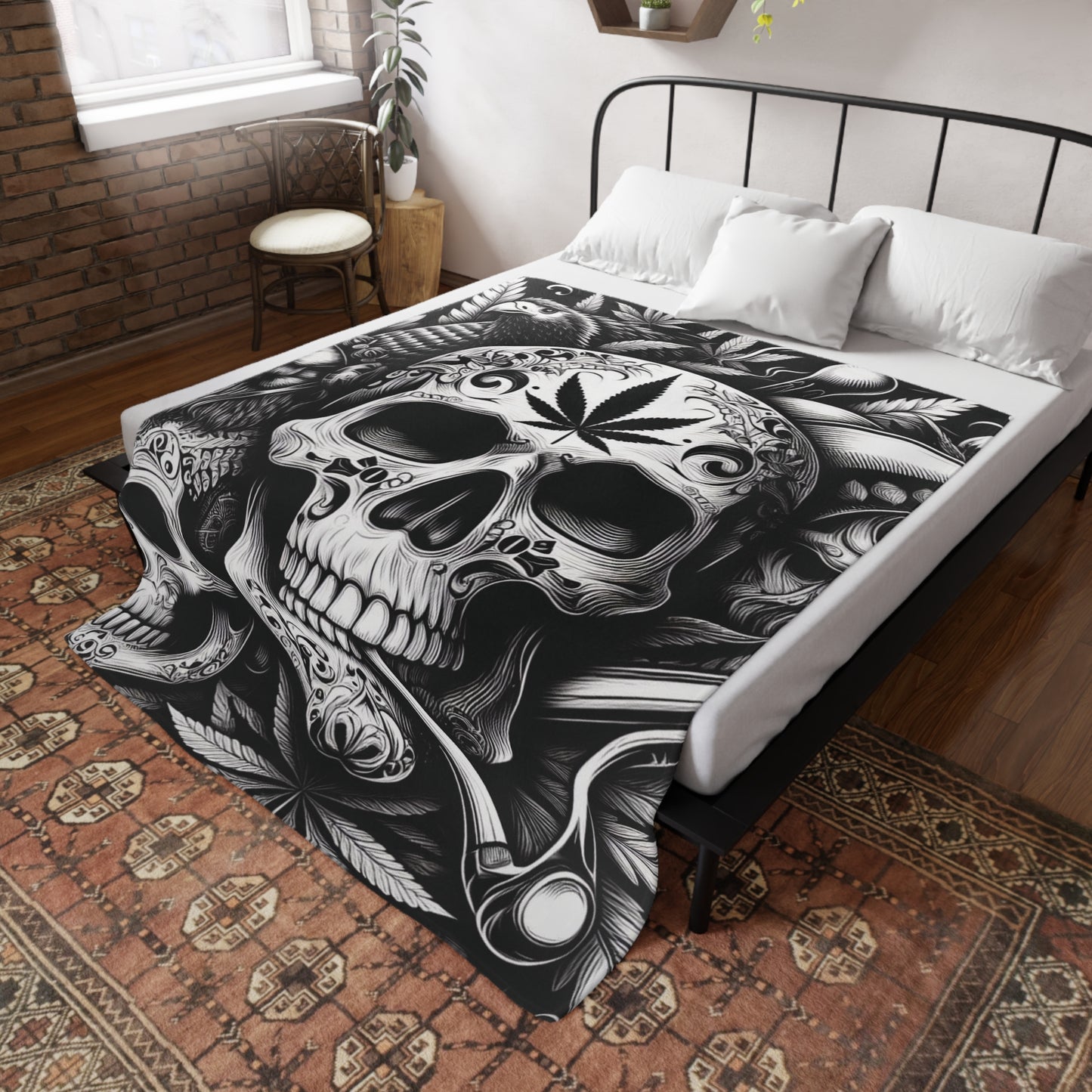 Skull & Pipe Plush Fleece Blanket - Black & White