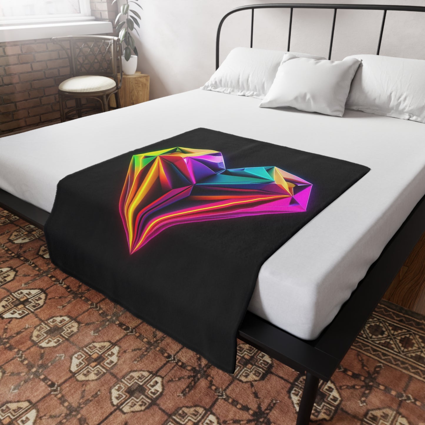 Origami Neon Heart Plush Fleece Blanket - Black