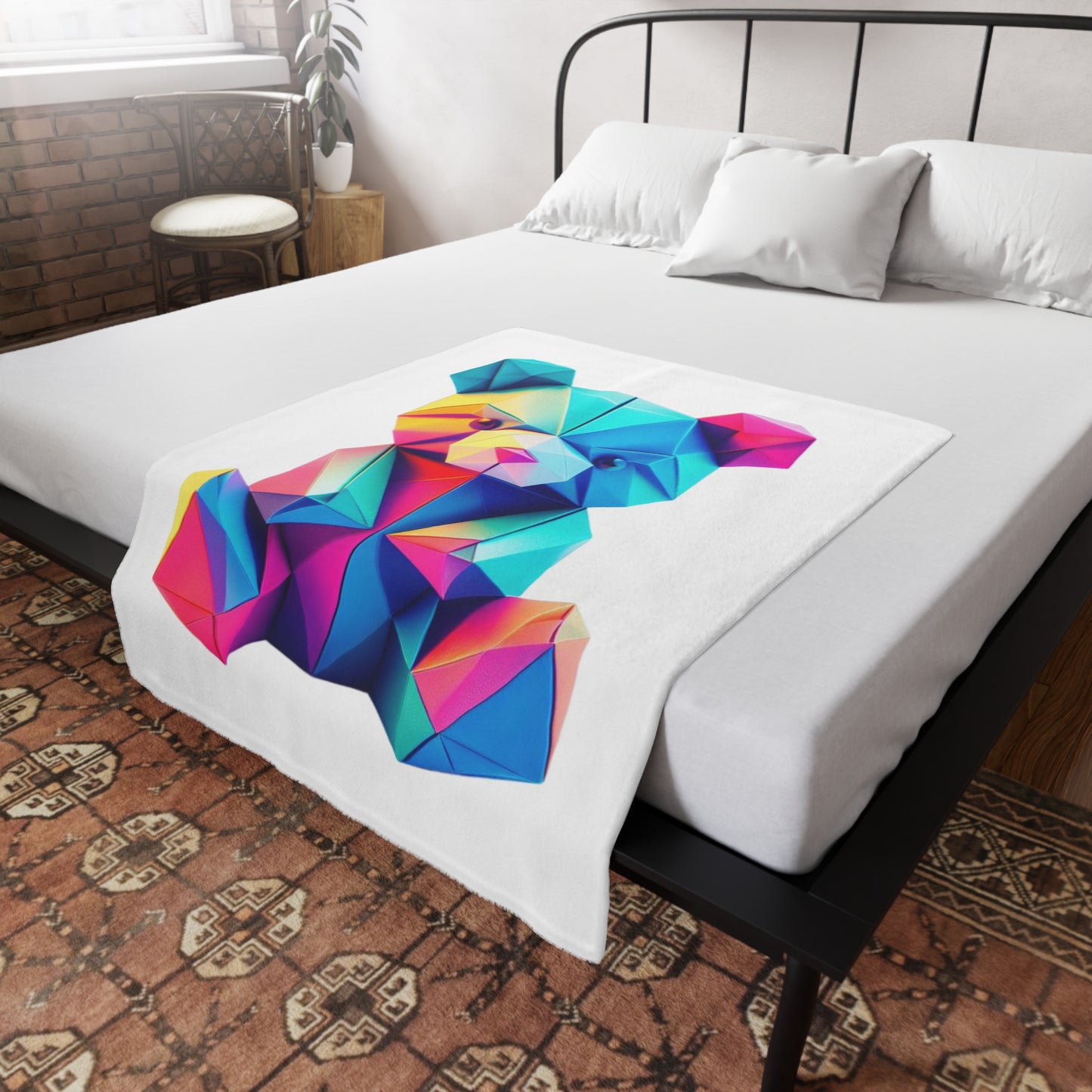 Origami Neon Teddy Plush Fleece Blanket - White