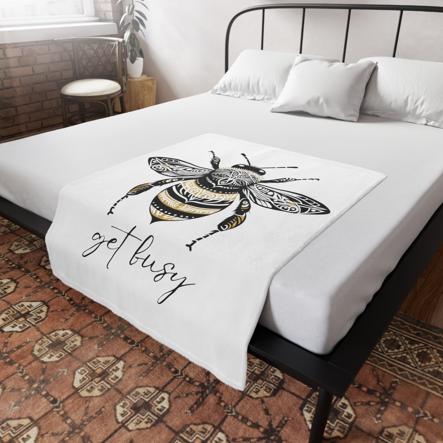 Get Busy Bee - White Plush Fleece Blanket