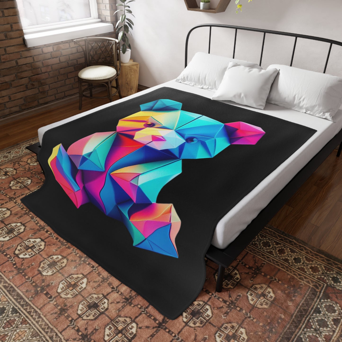 Origami Neon Teddy Plush Fleece Blanket - Black