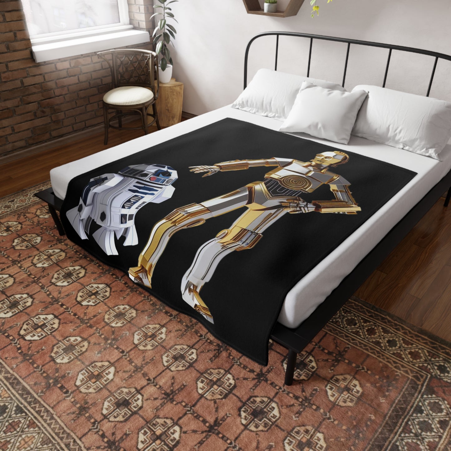 Origami R2D2 & C3PO Plush Fleece Blanket - Black