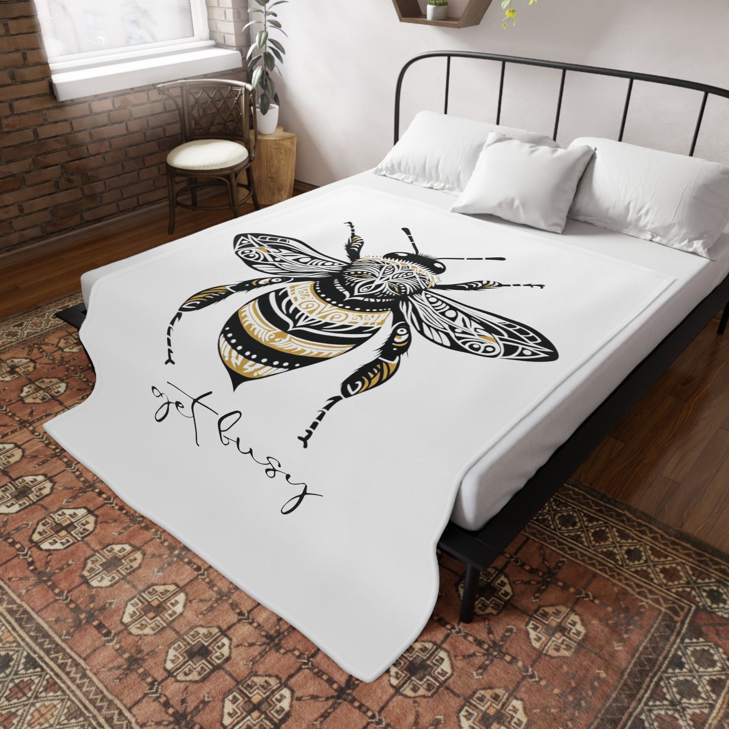 Get Busy Bee - White Plush Fleece Blanket