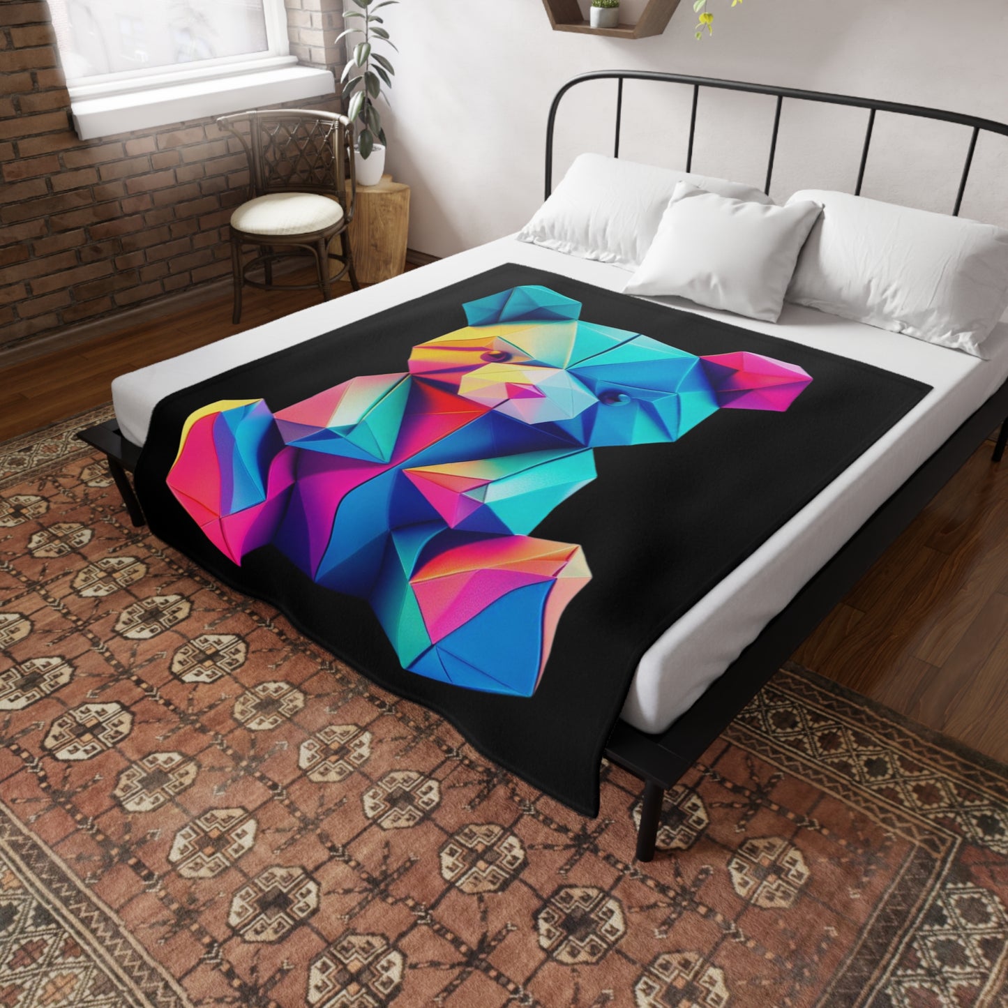 Origami Neon Teddy Plush Fleece Blanket - Black