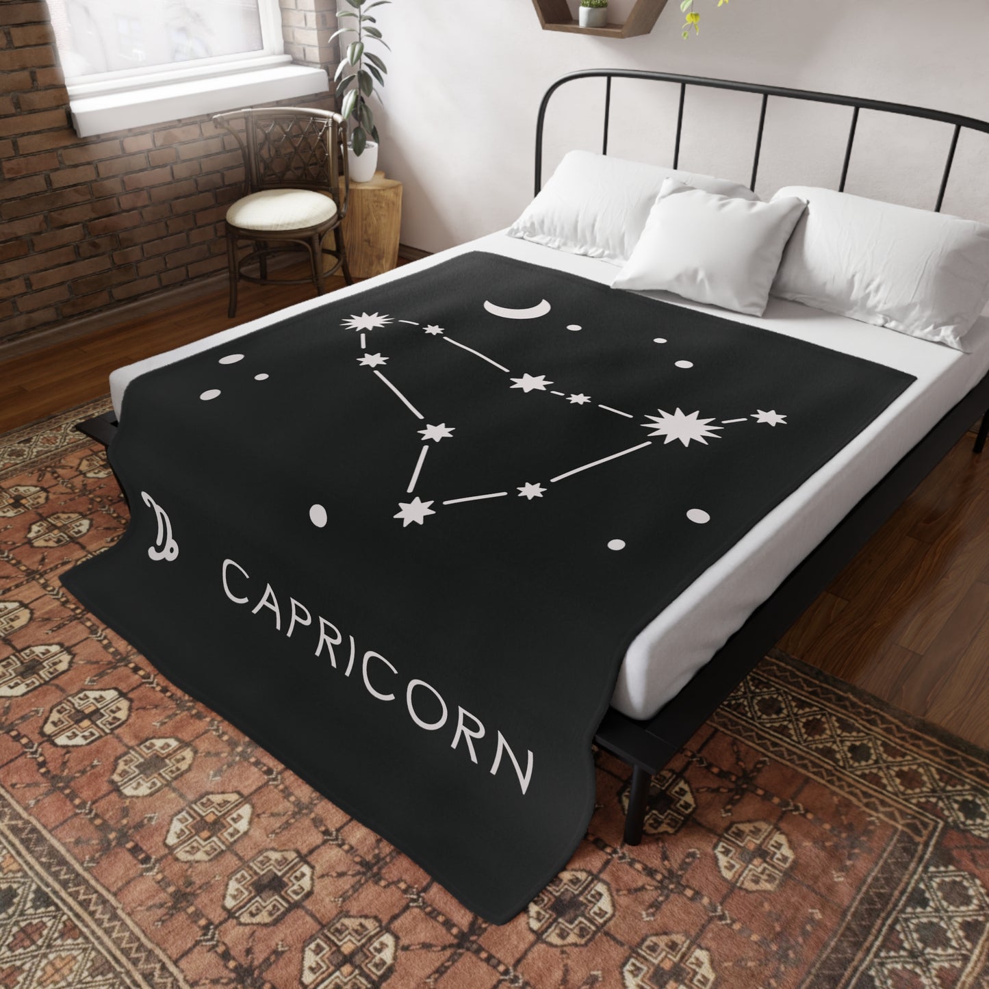 Capricorn Star Map Plush Fleece Blanket - black