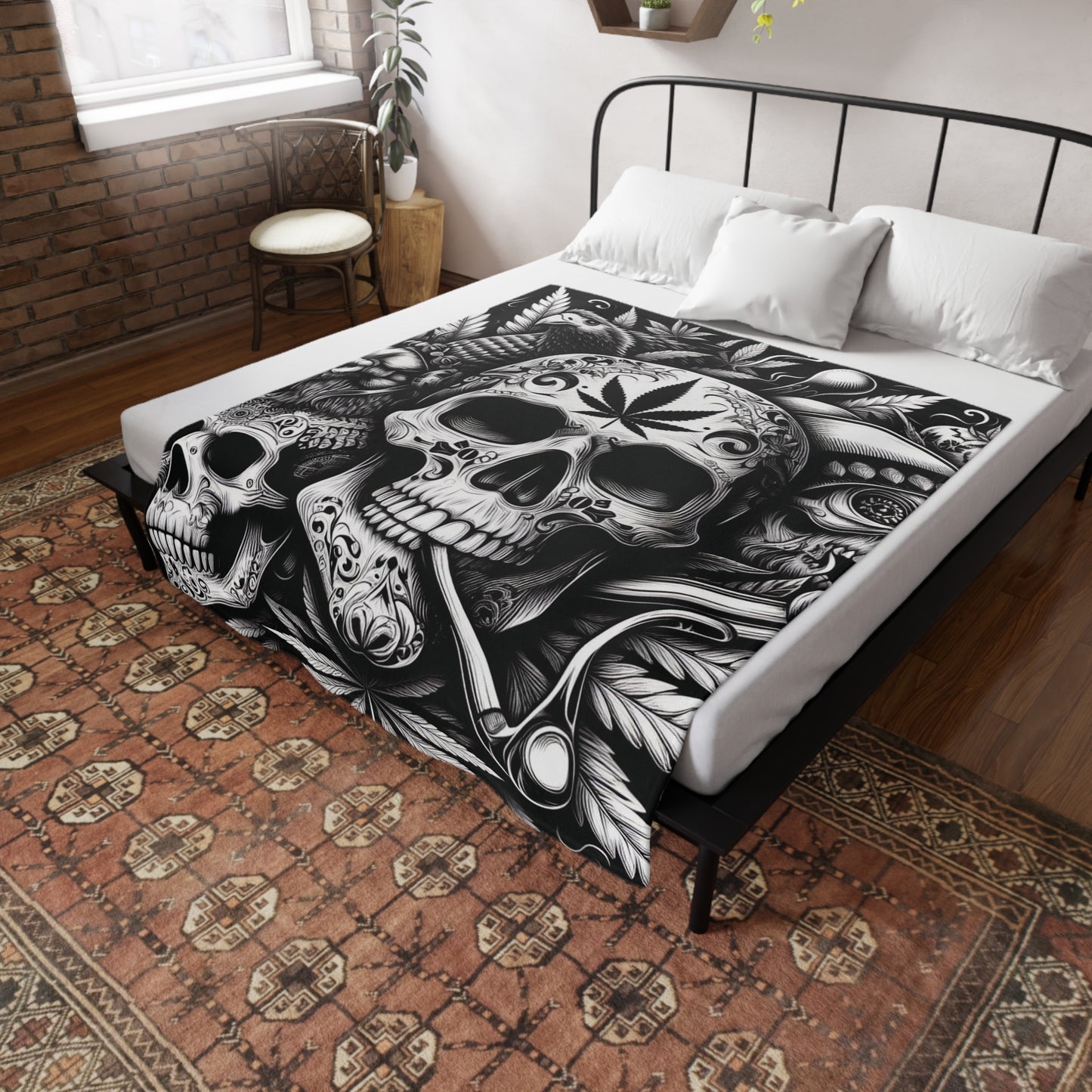 Skull & Pipe Plush Fleece Blanket - Black & White