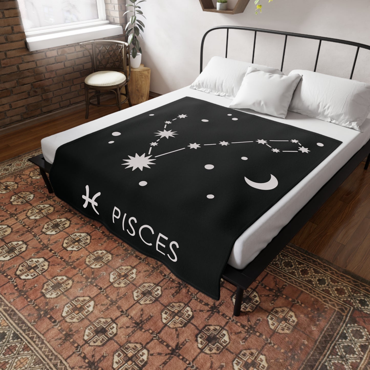 Pisces Star Map Plush Fleece Blanket - black