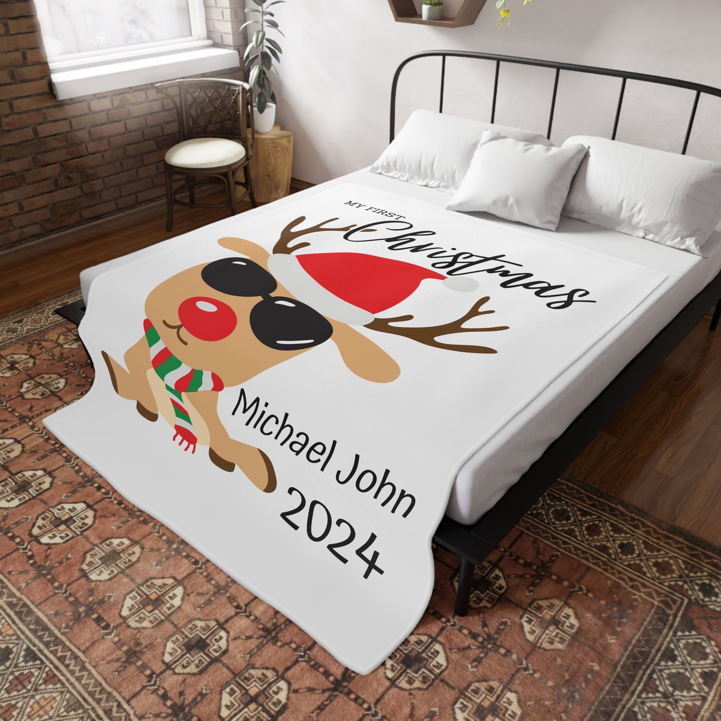 Customisable "My 1st Christmas" Plush Fleece Blanket - rudolph