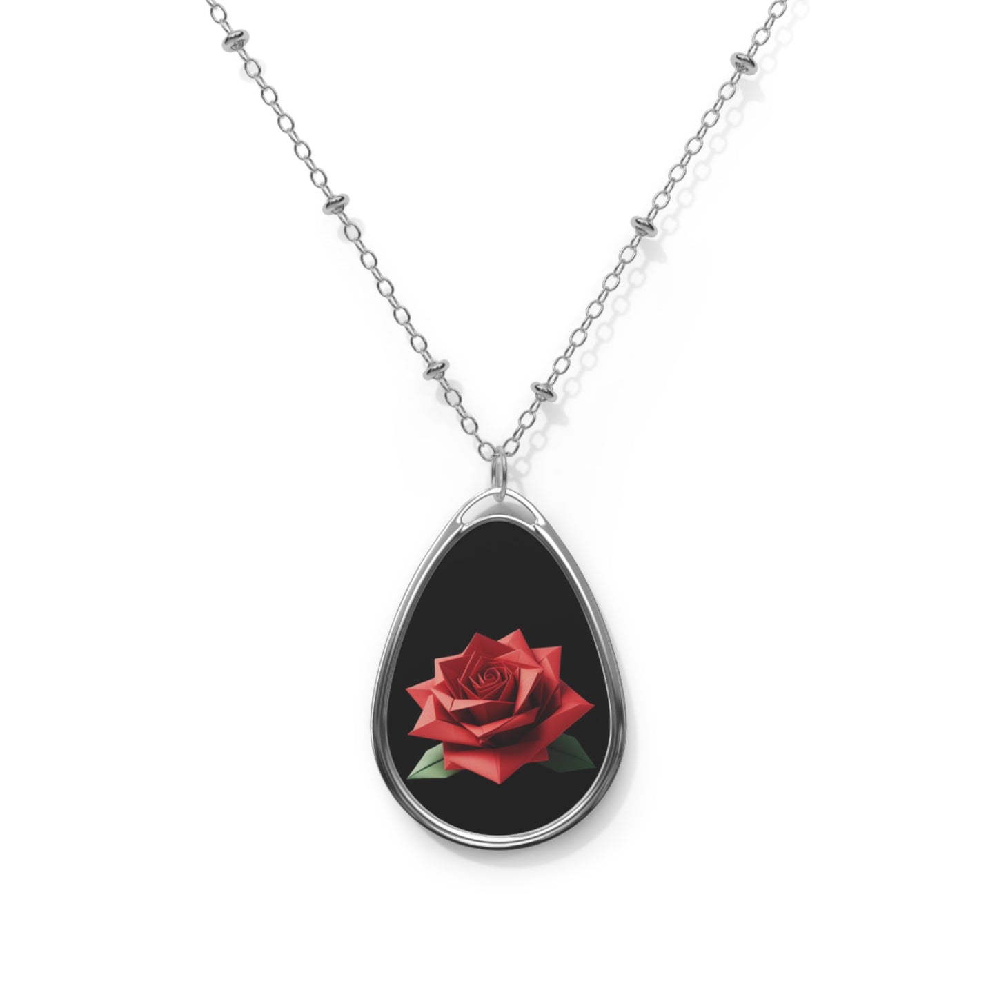 Origami Red Rose Oval Necklace