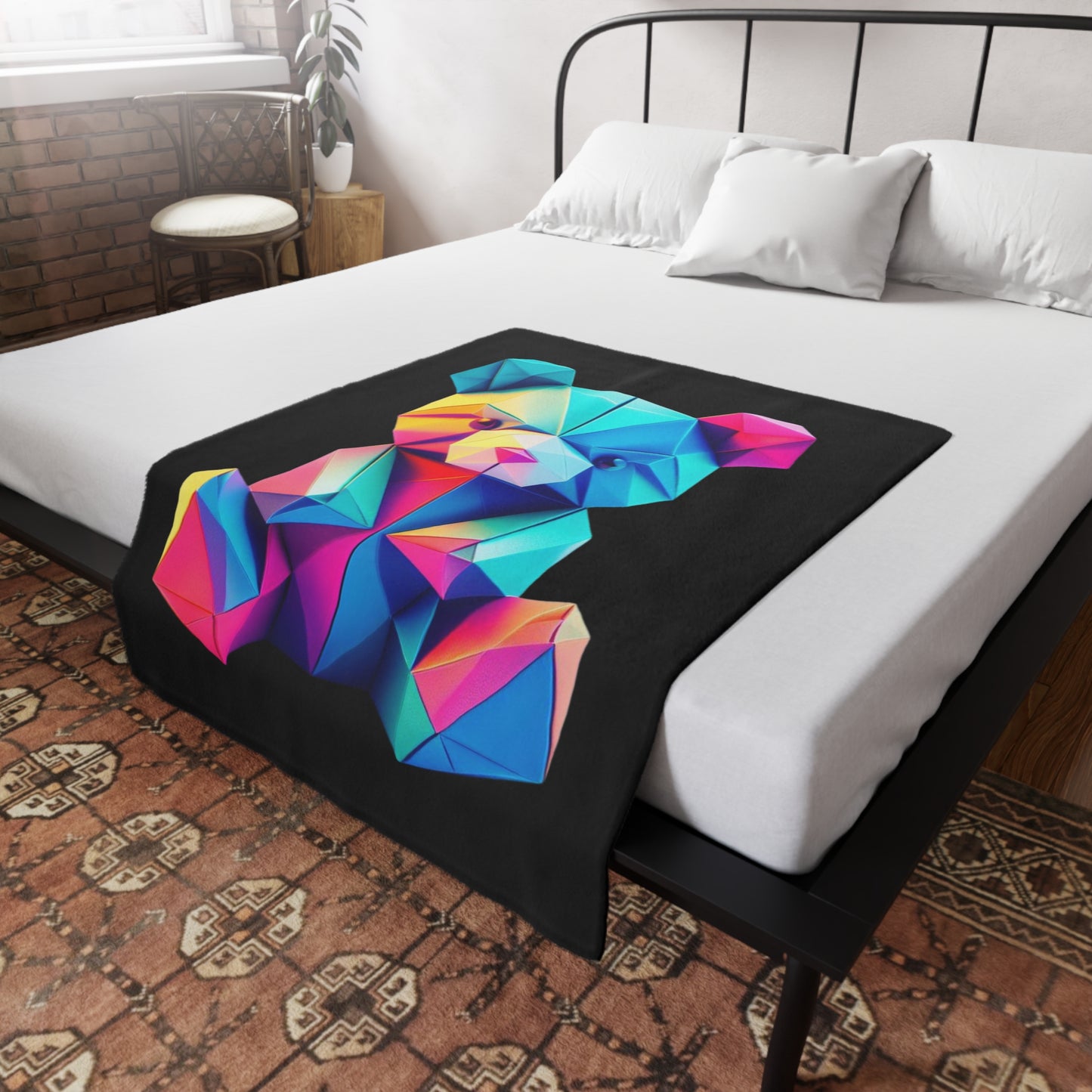 Origami Neon Teddy Plush Fleece Blanket - Black