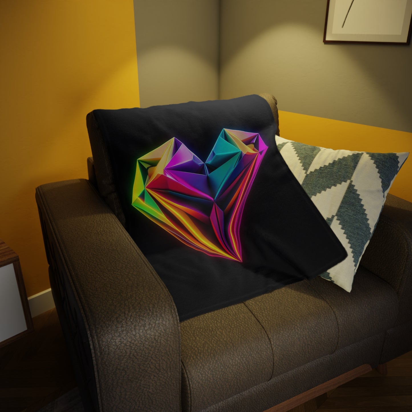 Origami Neon Heart Plush Fleece Blanket - Black