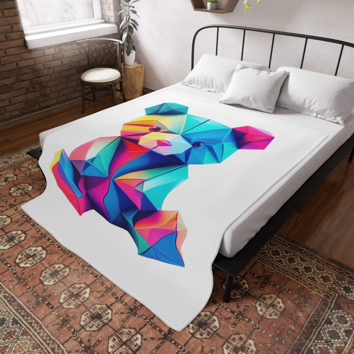 Origami Neon Teddy Plush Fleece Blanket - White