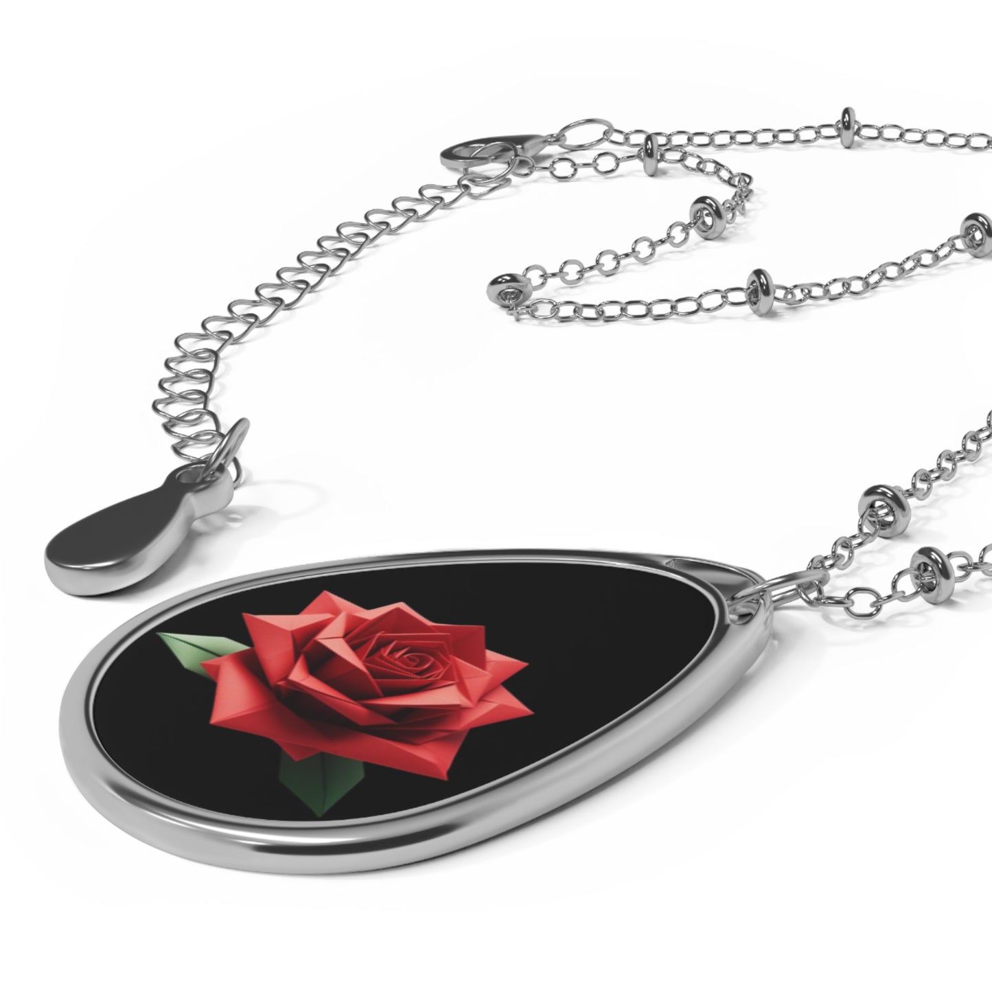 Origami Red Rose Oval Necklace