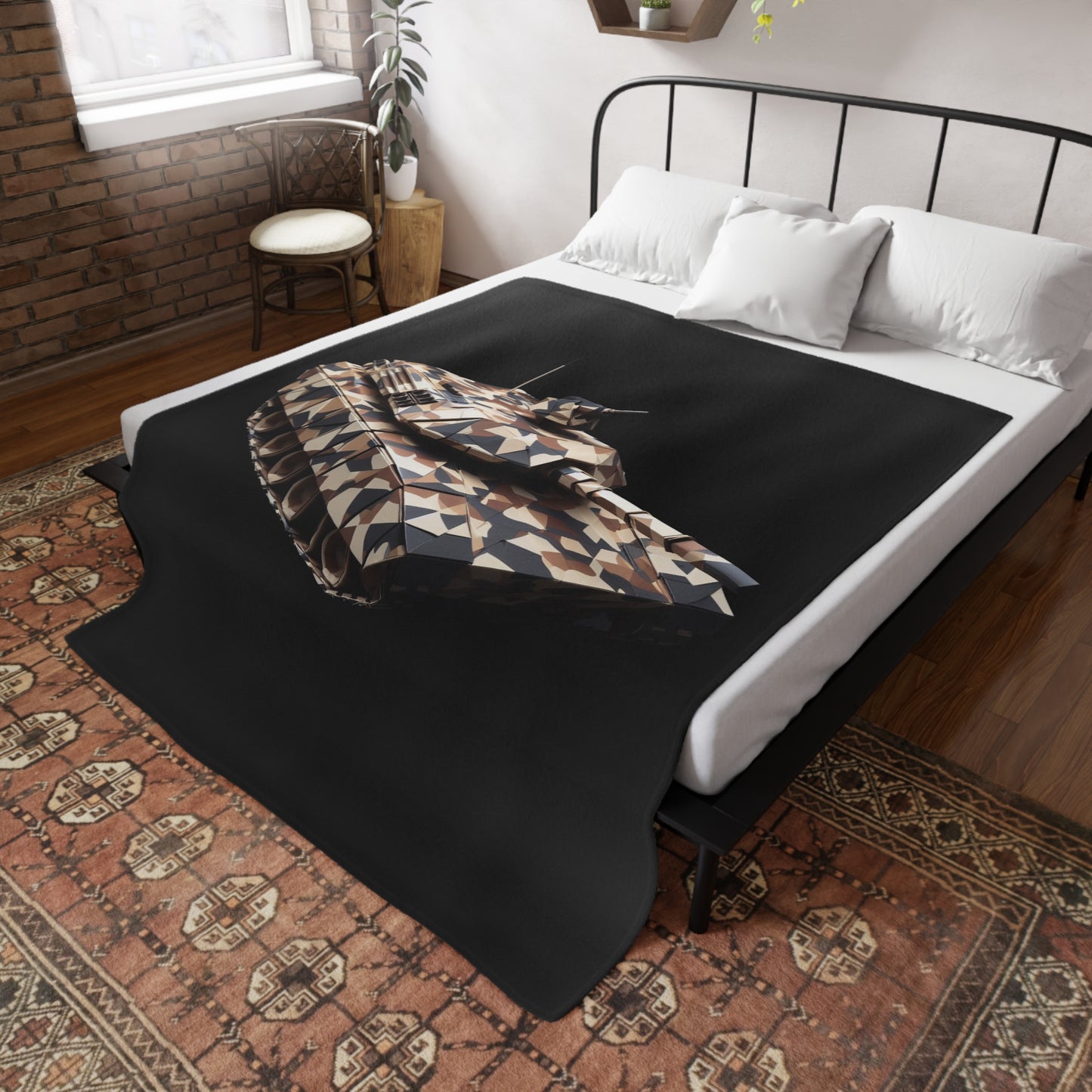 Origami Camo Tank Plush Fleece Blanket - Black