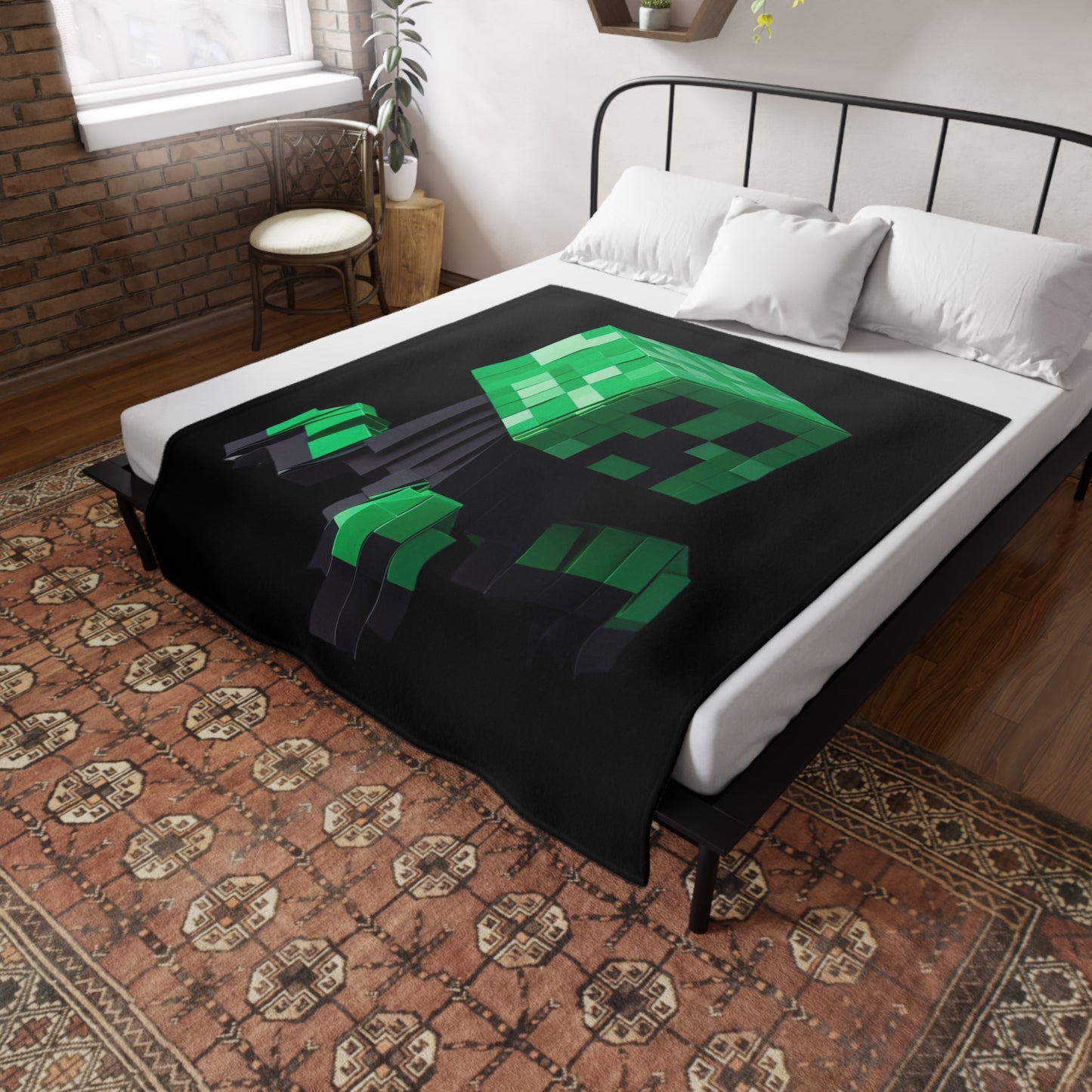 Origami Creeper Plush Fleece Blanket - Black