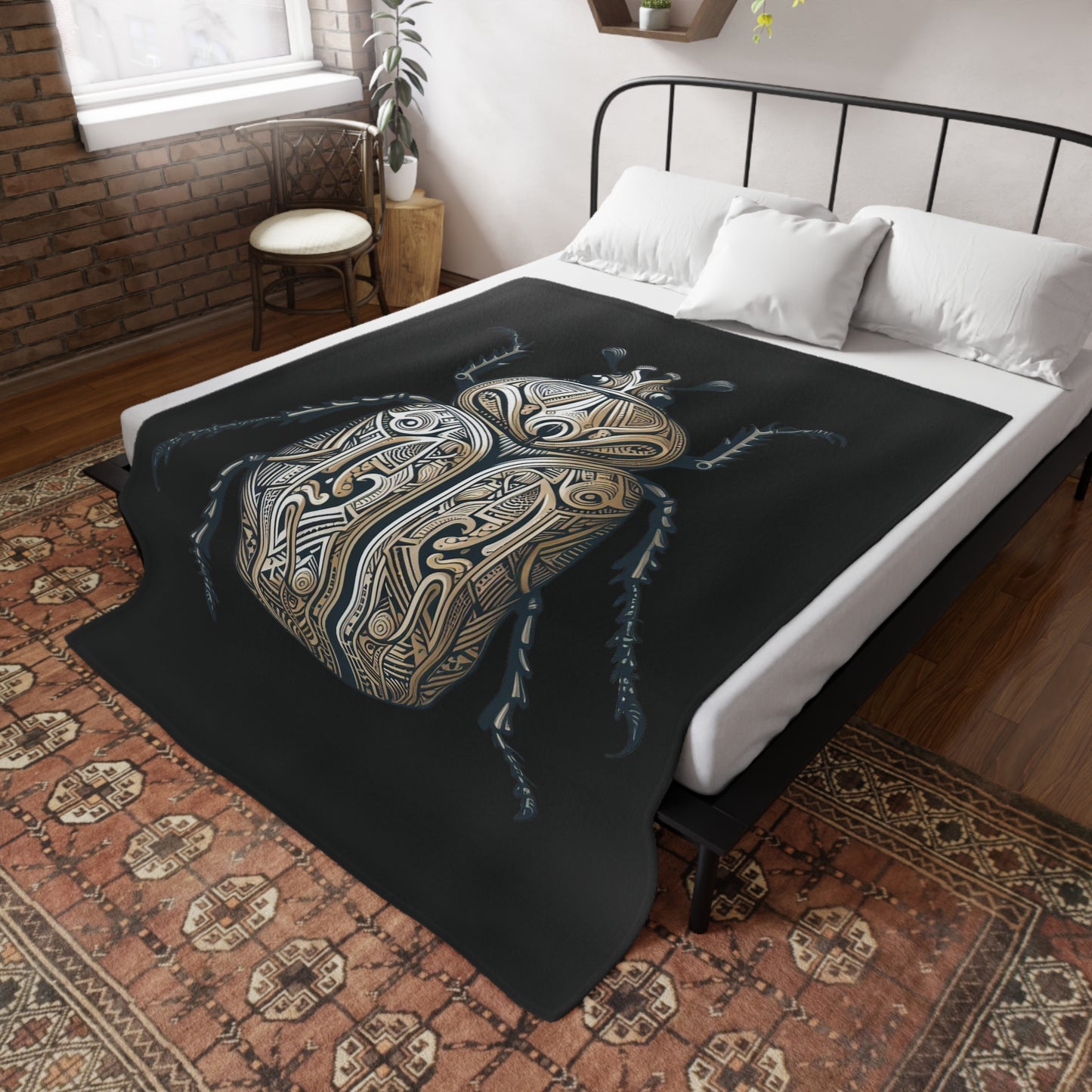 Carved Beetle - Black Plush Fleece Blanket