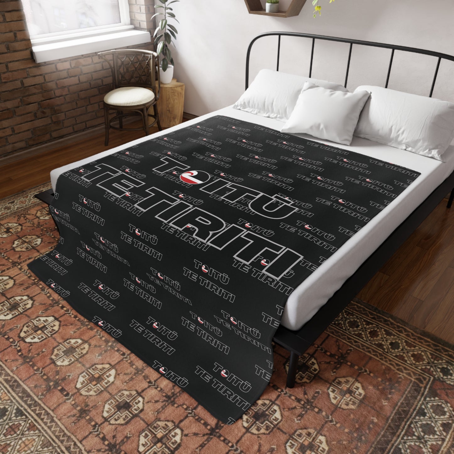 Toitū Te Tiriti - Black Plush Fleece Blanket