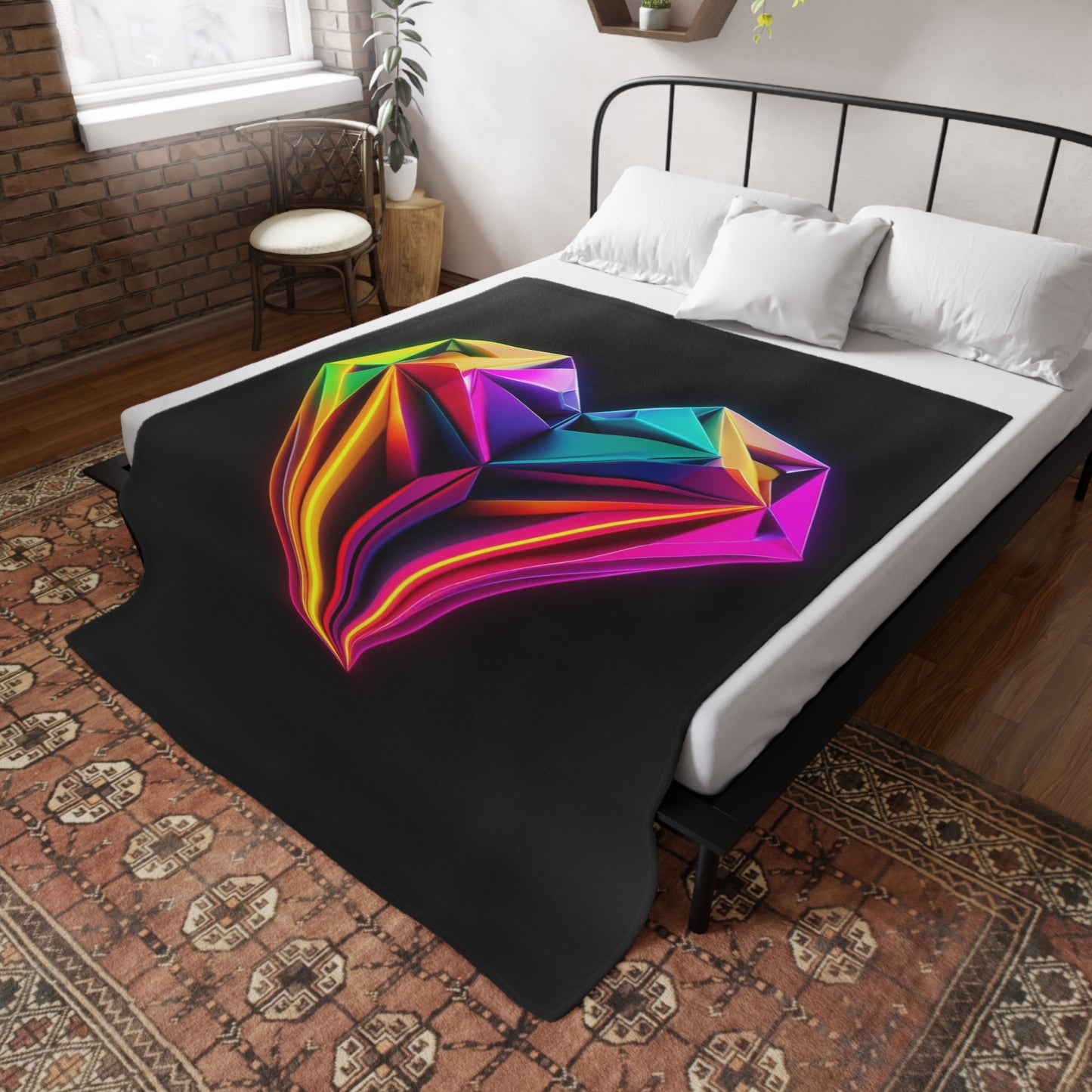 Origami Neon Heart Plush Fleece Blanket - Black