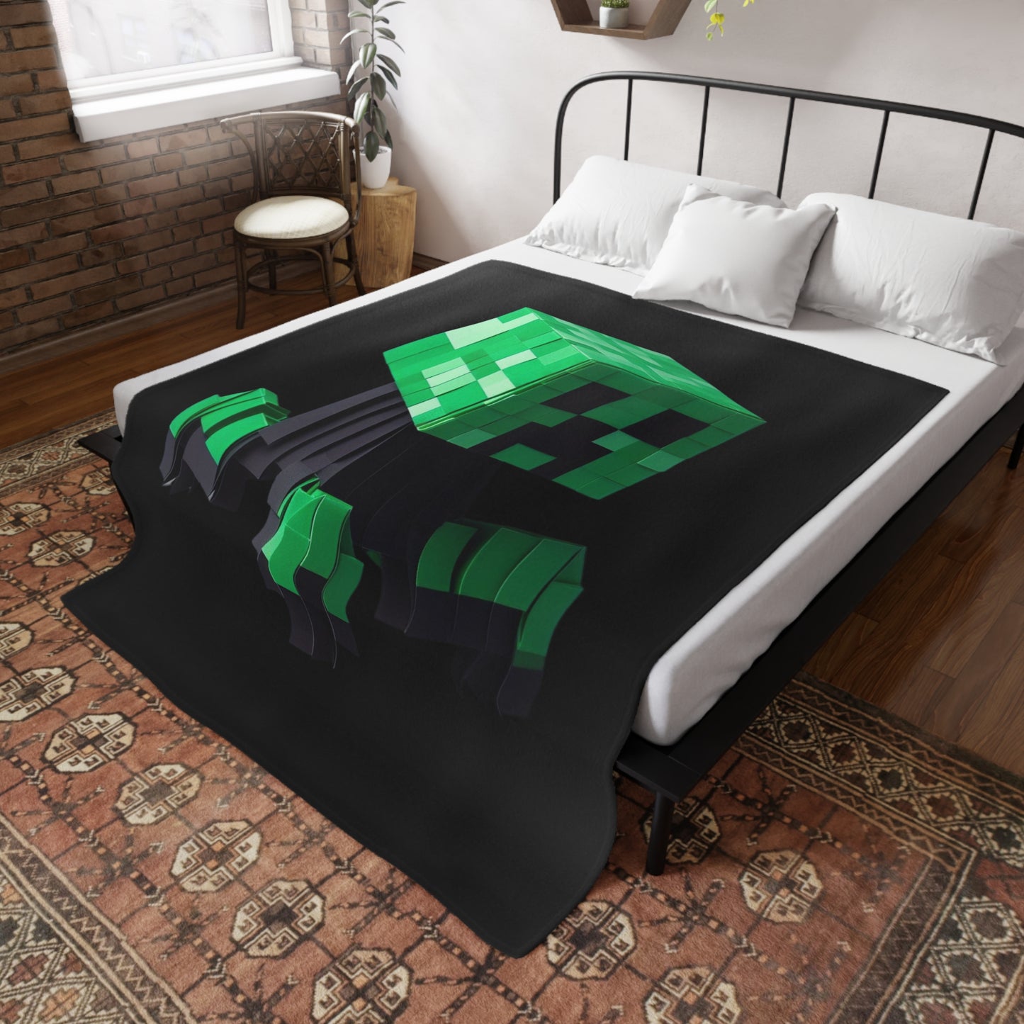 Origami Creeper Plush Fleece Blanket - Black