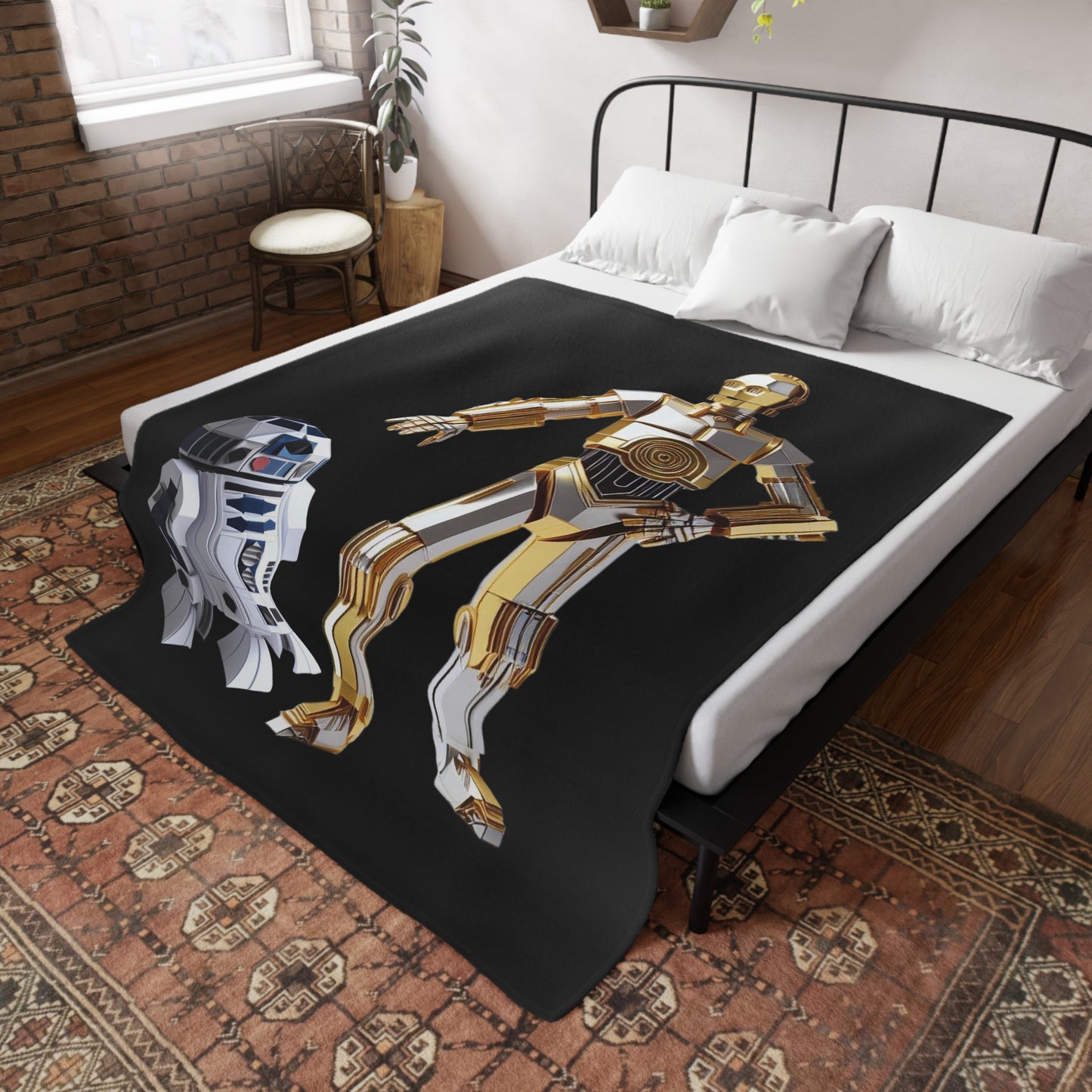 Origami R2D2 & C3PO Plush Fleece Blanket - Black