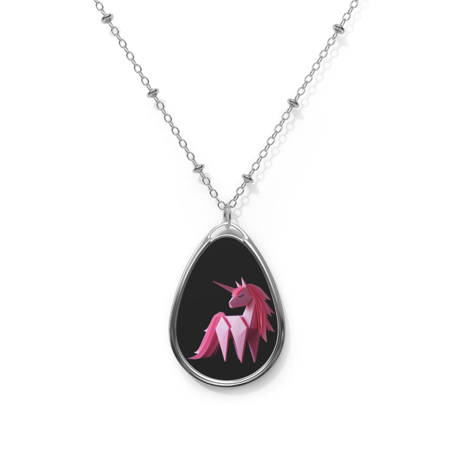 Origami Pink Unicorn Oval Necklace