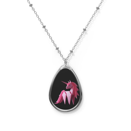 Origami Pink Unicorn Oval Necklace