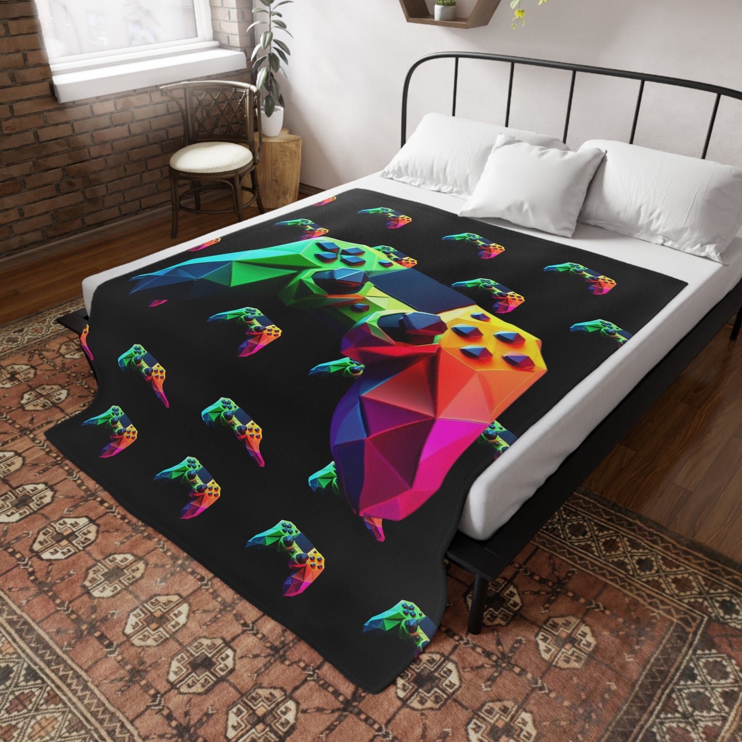 Origami Neon Controller Plush Fleece Blanket - Black