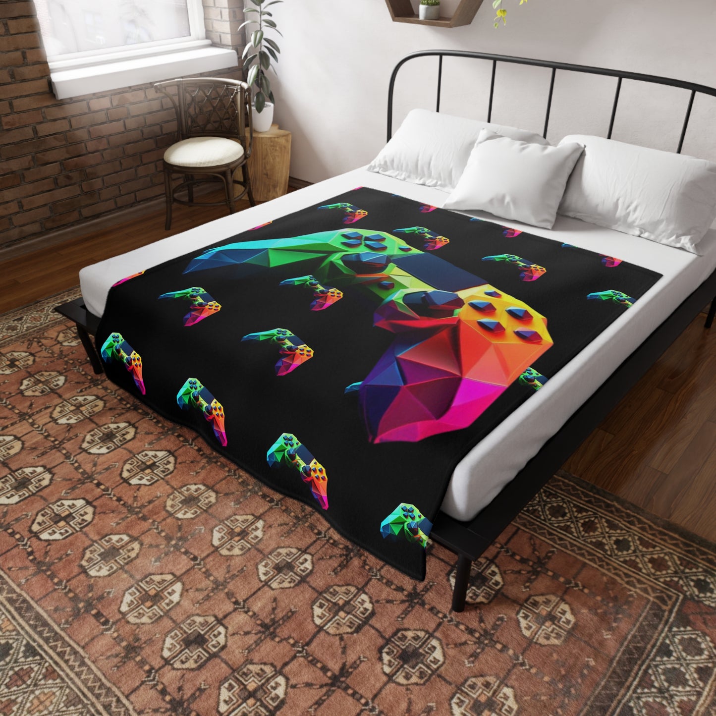 Origami Neon Controller Plush Fleece Blanket - Black