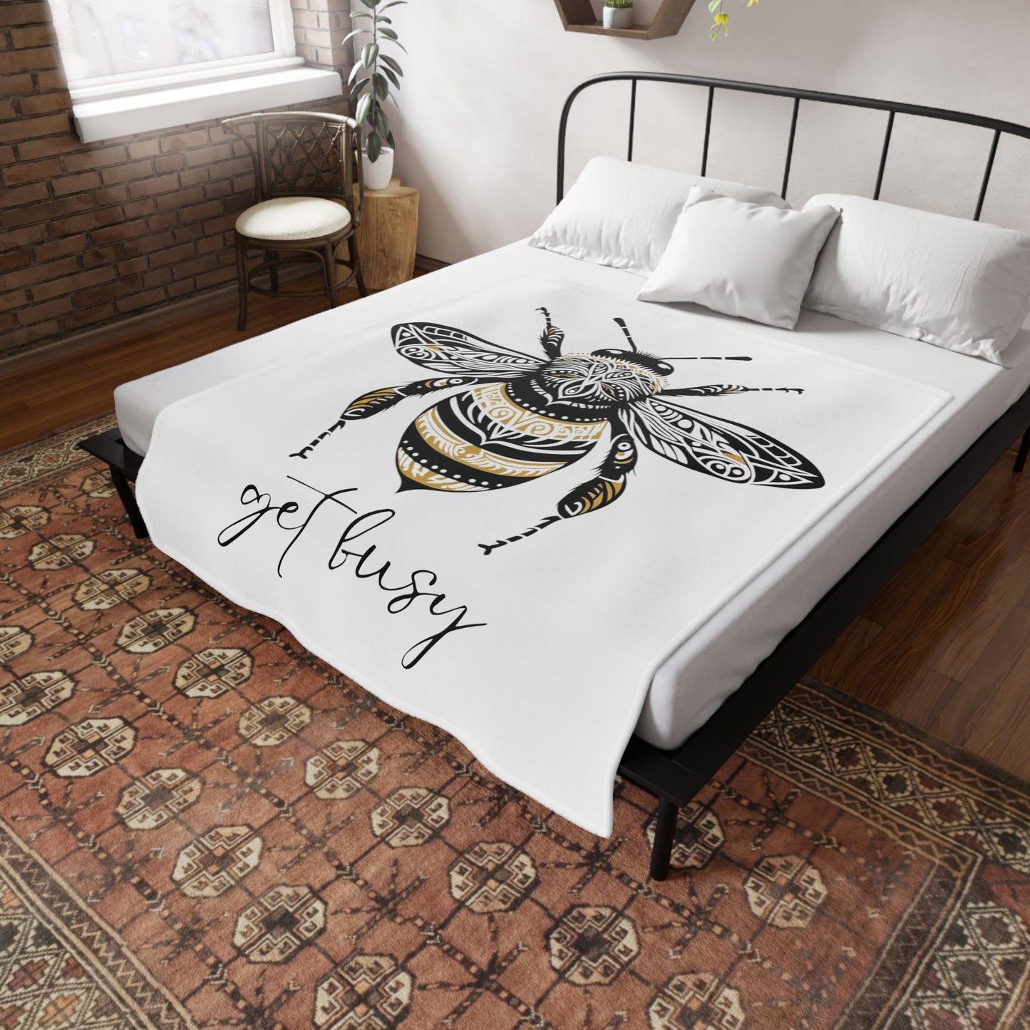 Get Busy Bee - White Plush Fleece Blanket