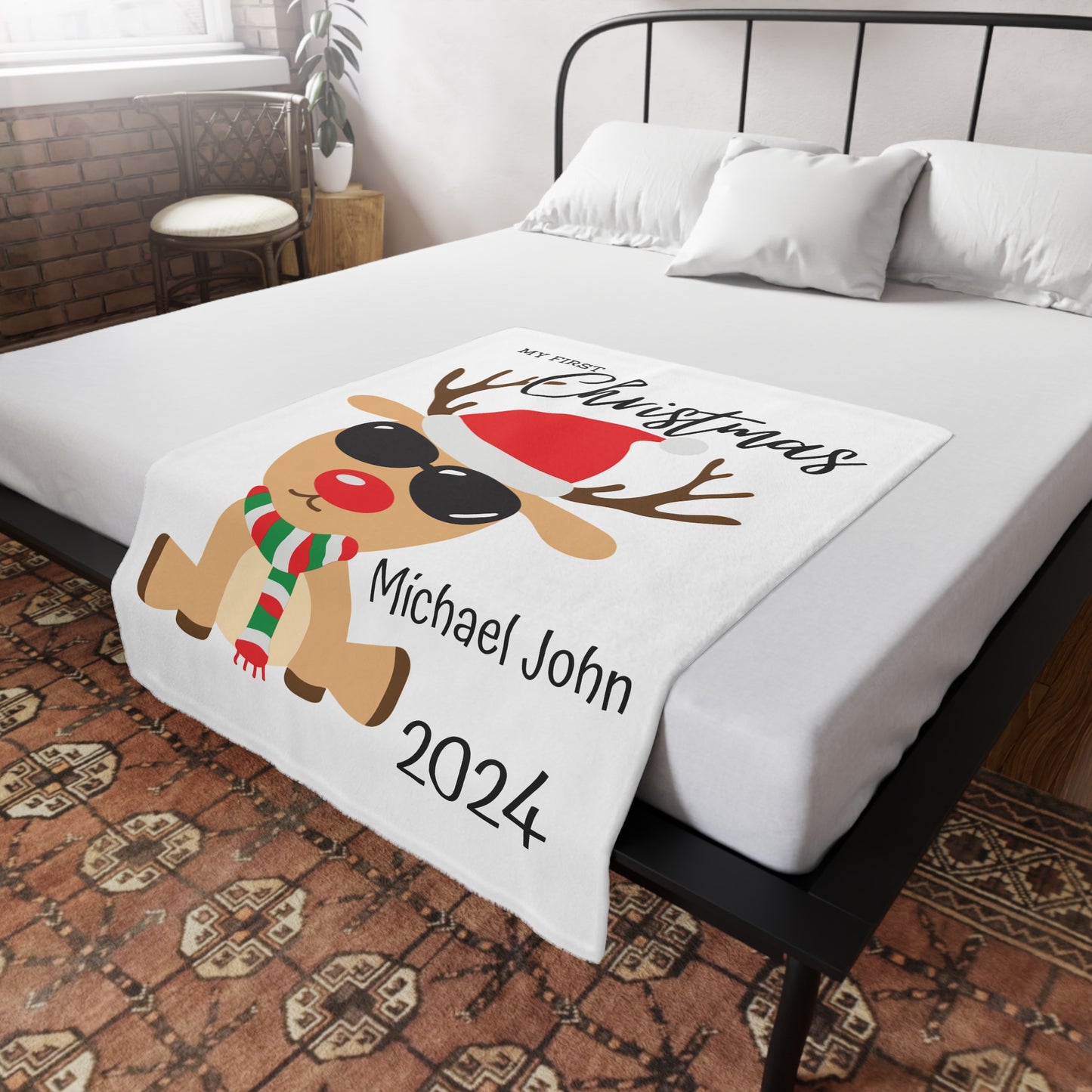 Customisable "My 1st Christmas" Plush Fleece Blanket - rudolph