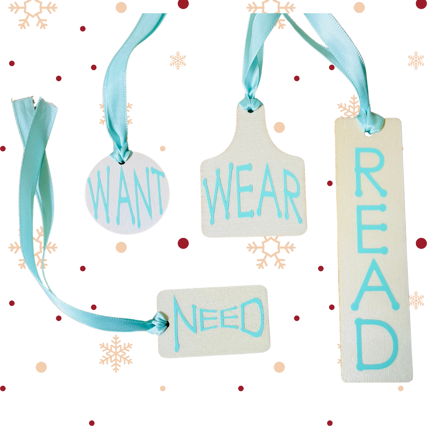 Want. Need. Wear. Read. Wooden Gift tag set of 4