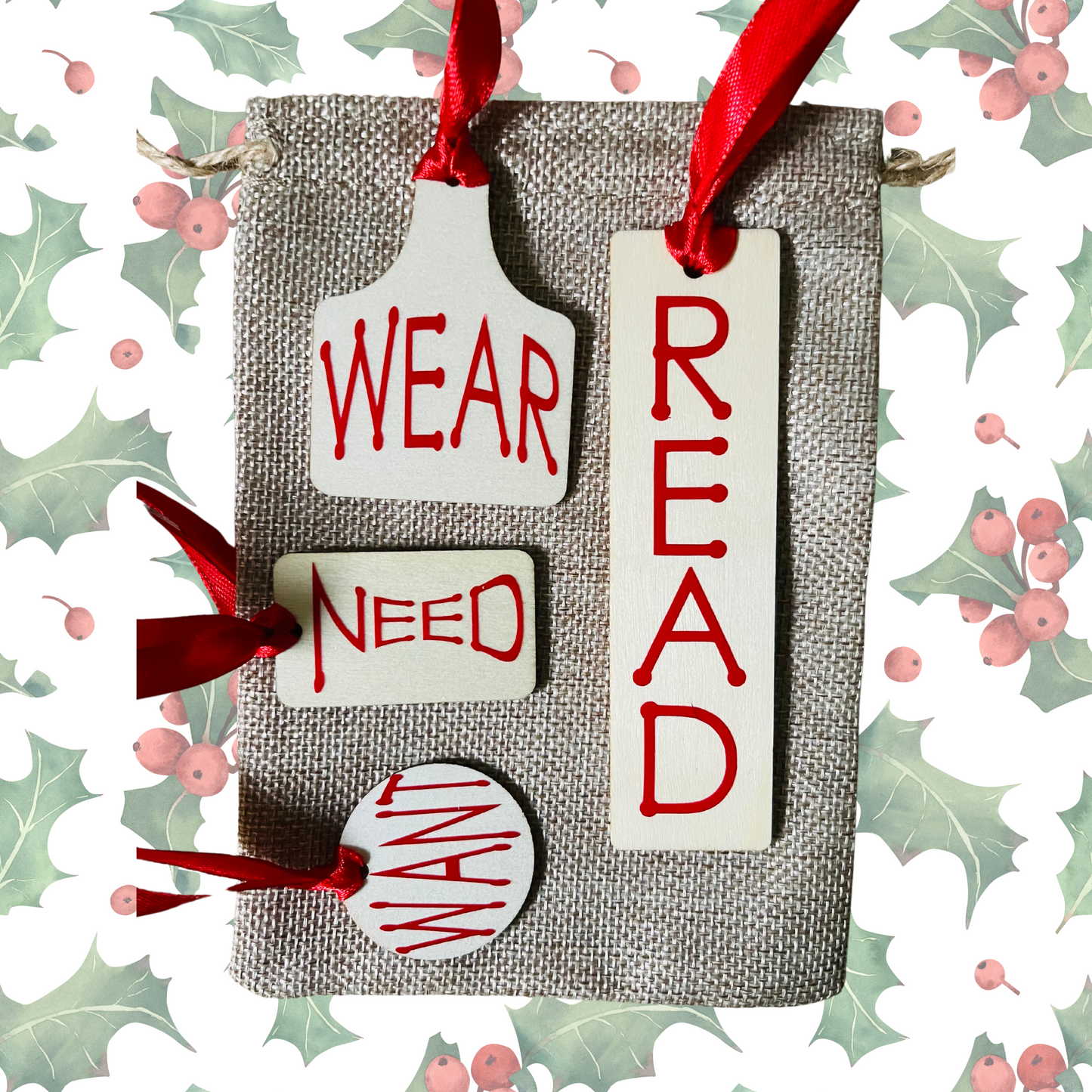 Want. Need. Wear. Read. Wooden Gift tag set of 4