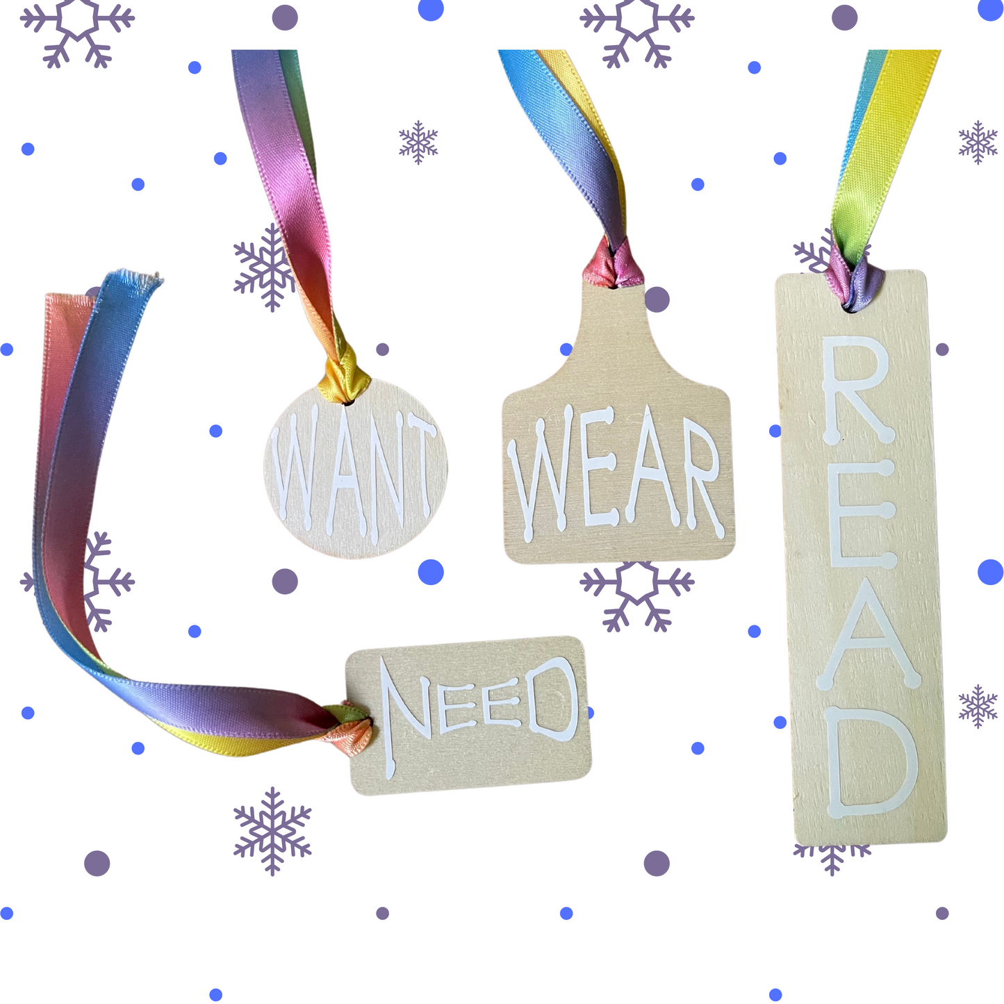 Want. Need. Wear. Read. Wooden Gift tag set of 4